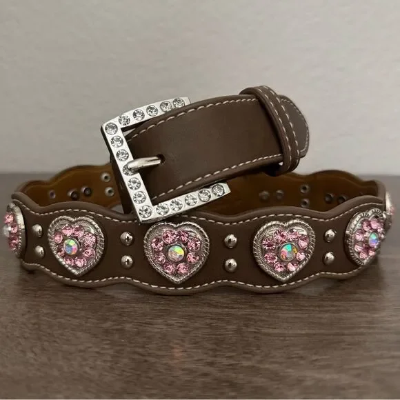 Nocona Belt Co. Pink Rhinestone Bling Silver Hearts Brown Belt