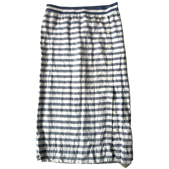 J Jill Love Linen Skirt Womens Large Blue Striped Midi Elastic Waist Buttons‎