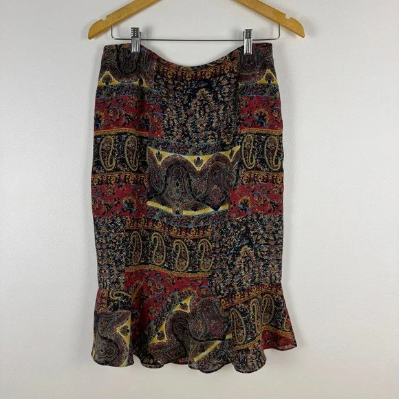Dx Paisley Print Midi Skirt Ruffle Hem Women Size 8 Y2K Boho Romantic USA‎ Made