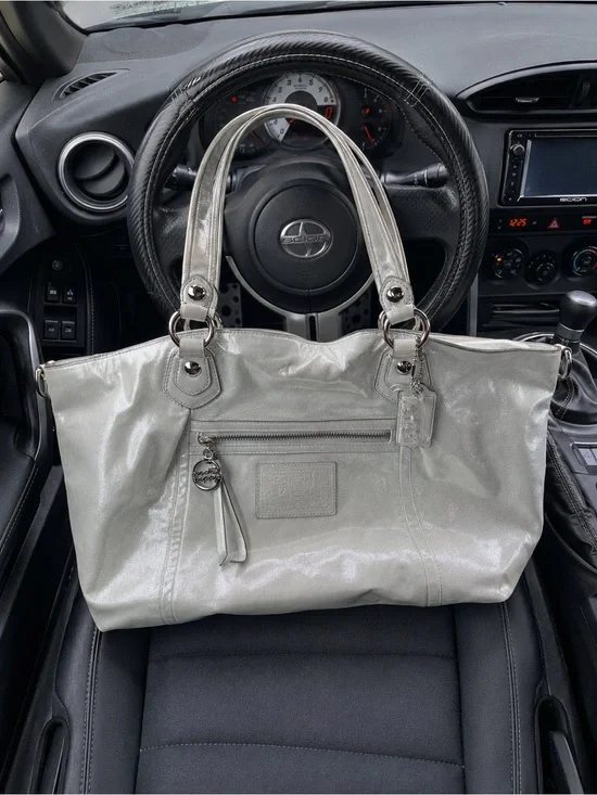 2010 poppy Coach Metallic Silver Leather Tote Bag - Coach