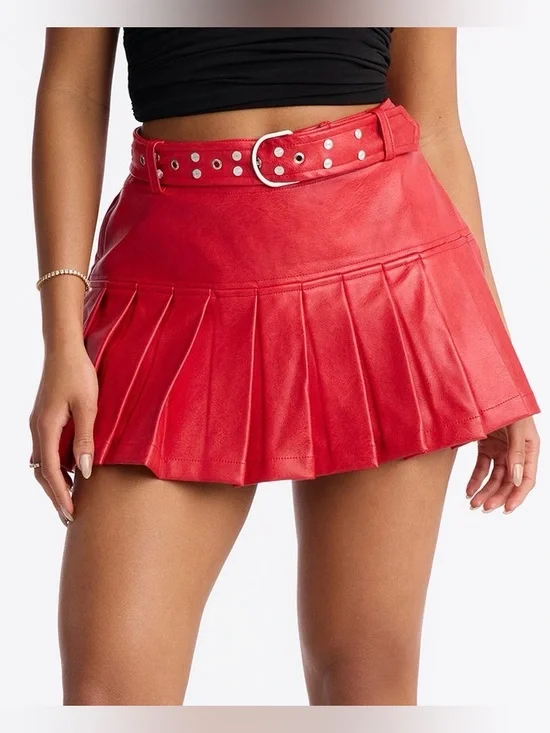 Fashion Nova Red Pleated Mini Skirt with Studded Belt