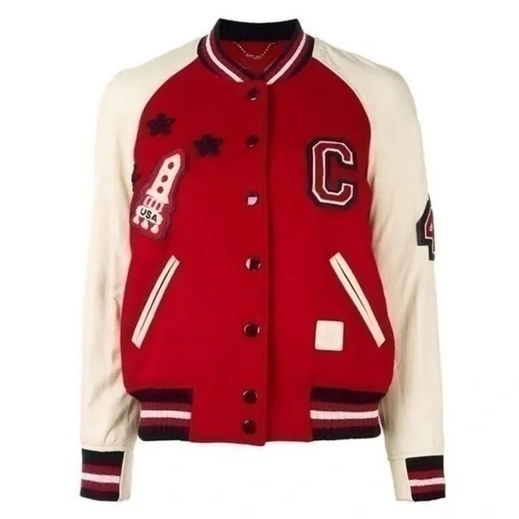 Coach • Varsity Wool & Leather Rocket Ship Patch Bomber Jacket US 6 RARE EUC