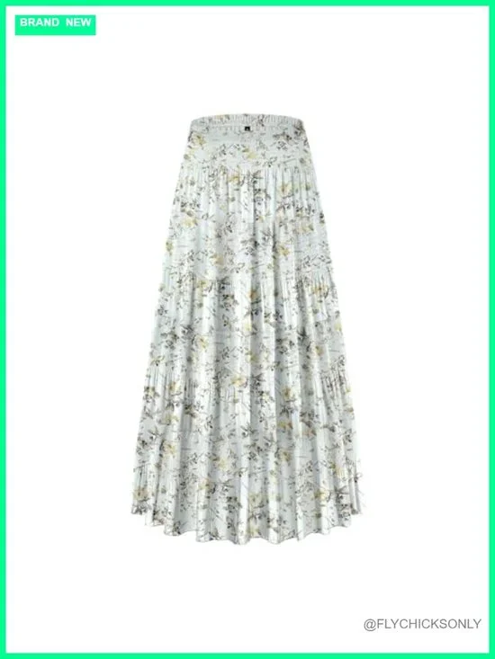 Chiffon Elastic High Waist Tiered Pleated Floral A-Line Boho Long Maxi Skirt