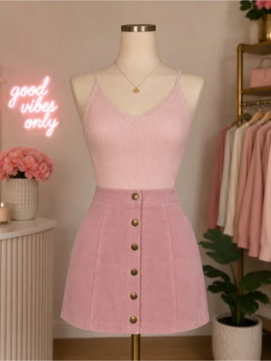 Soft Pink Button-Front A-Line Mini Skirt