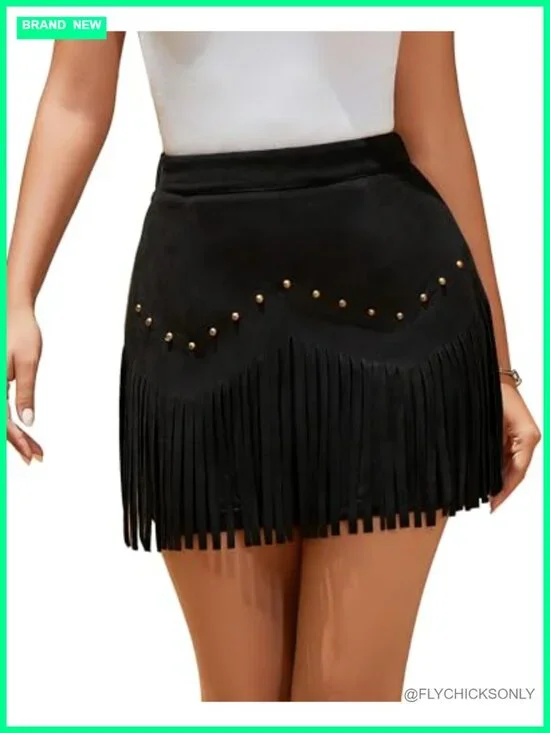 Faux Suede Fringe Mini Skirt High Waist Elastic Cowgirl Skirt with Rivets Zipper