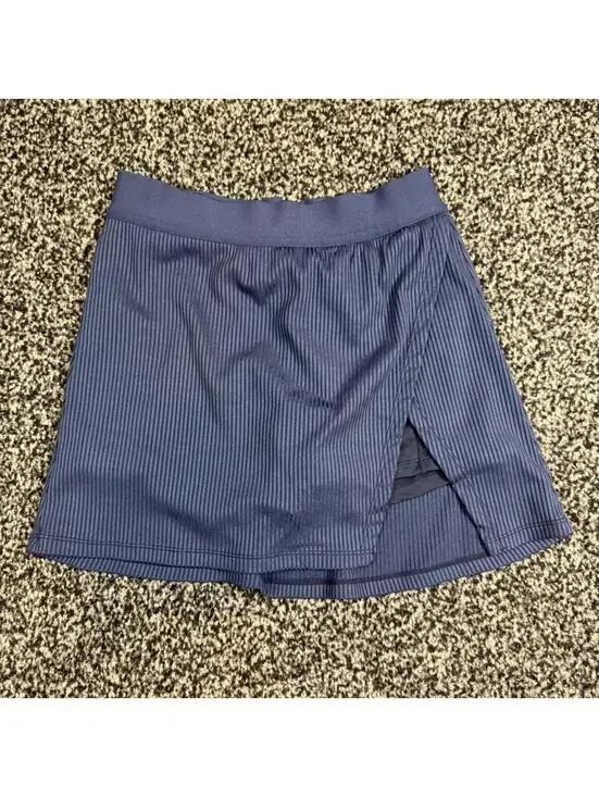 Navy blue mini skirt with thin vertical stripes