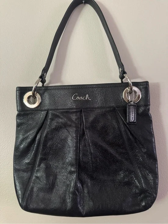 Vintage Coach Black Leather Shoulder Bag with Silver and Hardware
