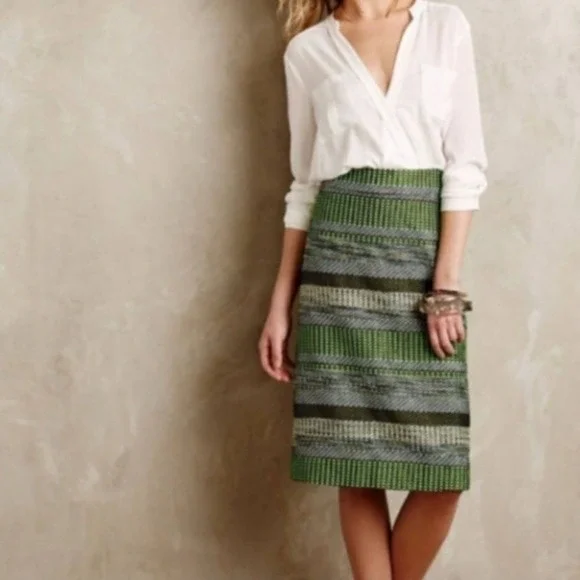 Leifsdottir‎ Anthropologie Green Striped Tweed A-Line Knee Length Skirt Size 0
