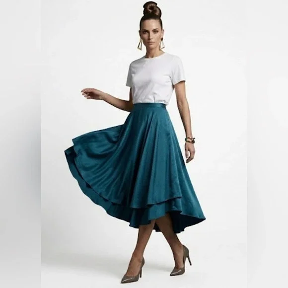 Oh So Tracie Swonke Teal Blue Satin High-Low Circle‎ Skirt One Size Made in USA