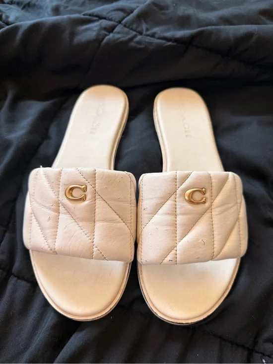 Coach Quilted Slide Sandals Gold 'C' Accent