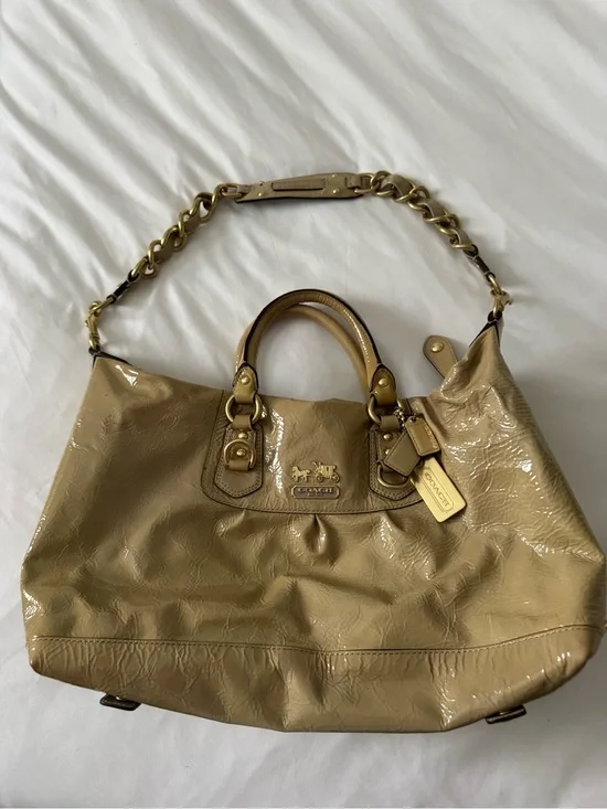 Coach Tan Patent Leather Tote with Gold Chain Strap