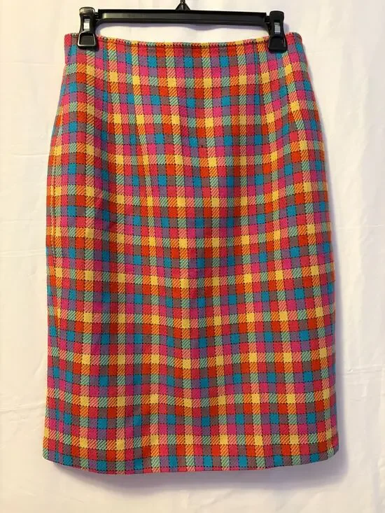 Vintage Yeats Midi Pencil Skirt Orange Blue Tweed Plaid Back Zip Sz 12