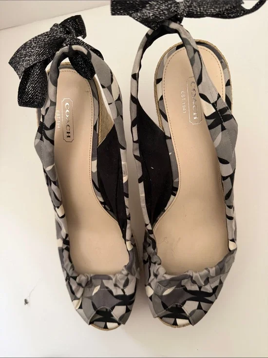 Coach Gray & Black Patterned Peep-Toe Slingback Wedges