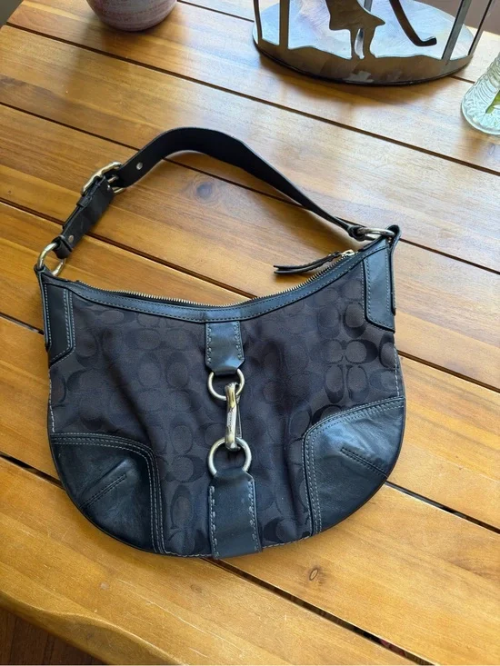 Coach Black Hobo Shoulder Bag Signature Canvas and Leather