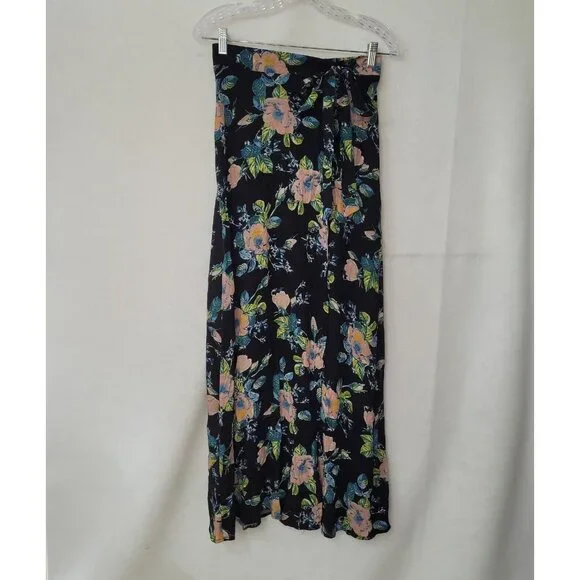 Xhilaration‎ Skirt Womens XS Black Floral Slit Font Pull On Tie Side Midi Rayon