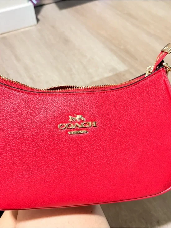 Coach Bright Red Pebbled Leather Mini Shoulder Bag with Gold Hardware