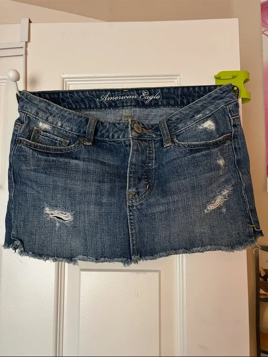 American Eagle Outfitters Dark Blue Distressed Denim Mini Skirt