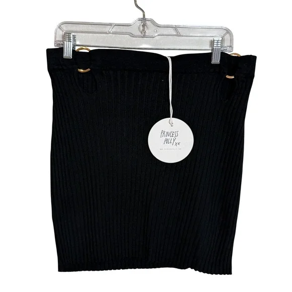 Princess Polly Nina‎ Black Rib Knit Mini Skirt O-Ring Cut Out US 10 NWT