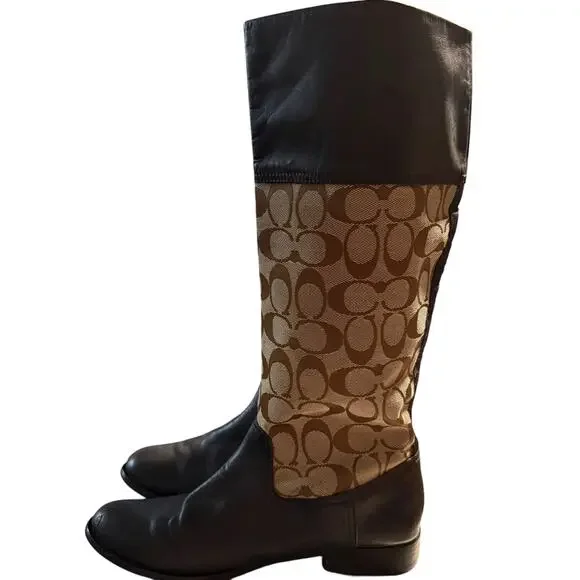 Coach Chrissi Signature C Riding Boots, Leather & Jacquard Canvas, Size 7.5 B