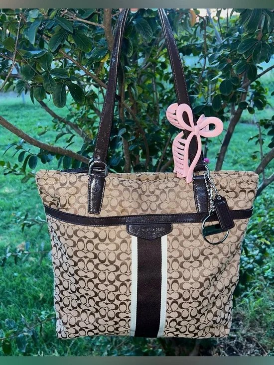 Coach F27008 Signature Brown Stripe Tote Shoulder Bag Y2K