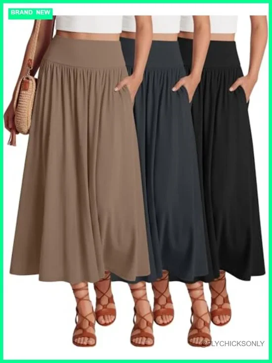 3 Pack Maxi Long Skirts for Women, Ankle Length High Waisted Pleated Flowy A