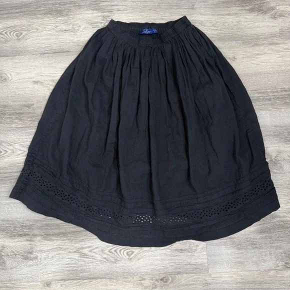 Great Northwest Indigo Womens Black Eyelet Lace Midi Skirt Small Boho Elastic