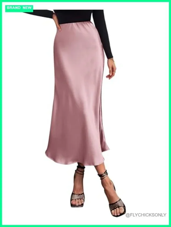 Silk Elegant High Waist Flowy Satin A-Line Midi Skirt Cocktail