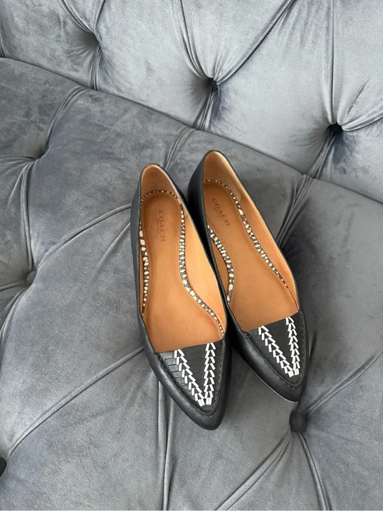 Coach Black Leather Pointed-Toe Flats with White Stitch Detail