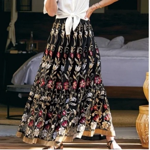 Soft Surroundings Embroidered Skirt Fairy Goth Gold‎ Romantic