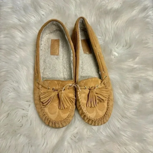 Coach Anita signature cognac tan sherling suede moccasins sz 9.5