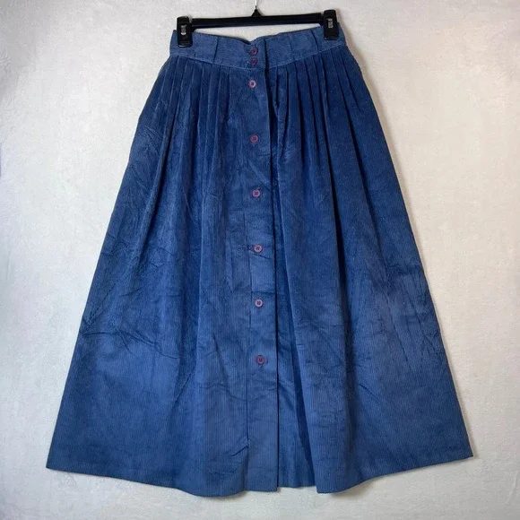 Woolrich Vintage Blue Corduroy Button Front Midi Skirt Pockets Made in USA Size8