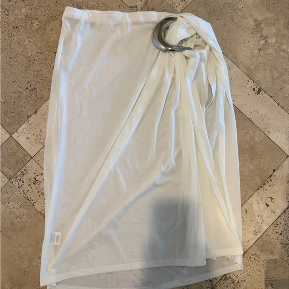 STAUD White Midi Skirt with Silver Ring Detail