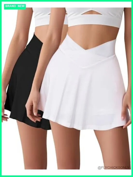 2 Pack Womens Tennis Golf Skirts with Pockets Crossover High Waisted Pleated