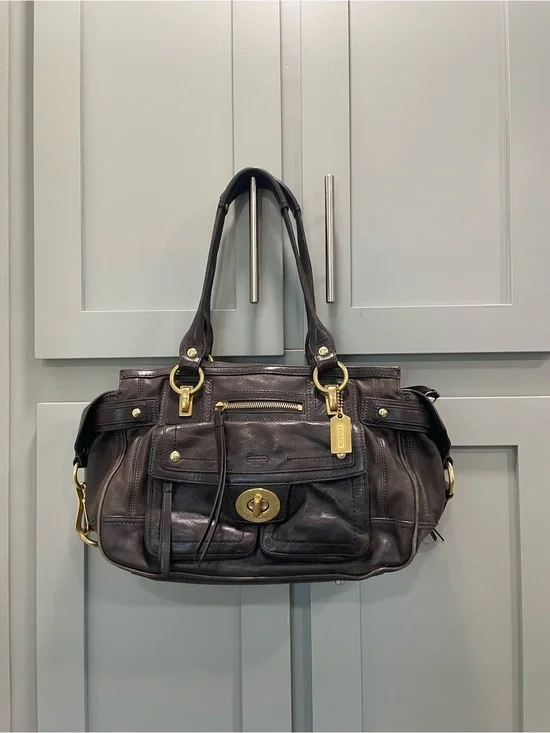 Coach Black Leather Handbag with Purple Lining
