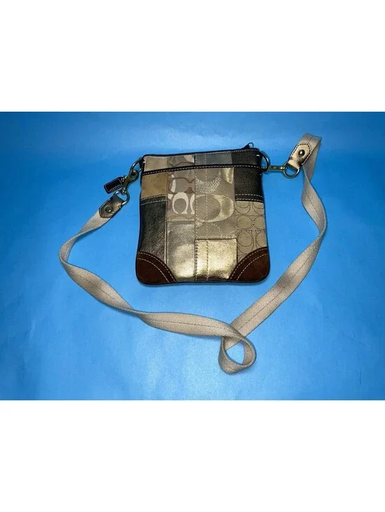 Coach Patchwork Signature Crossbody Messenger Bag Tan Brown Canvas Leather