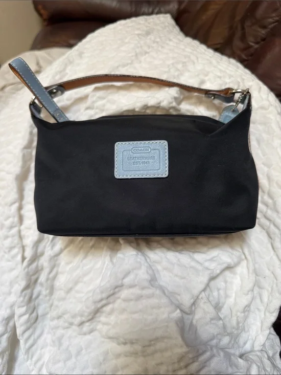 Vintage COACH Black Nylon Mini Bag with Light Blue Leather Trim
