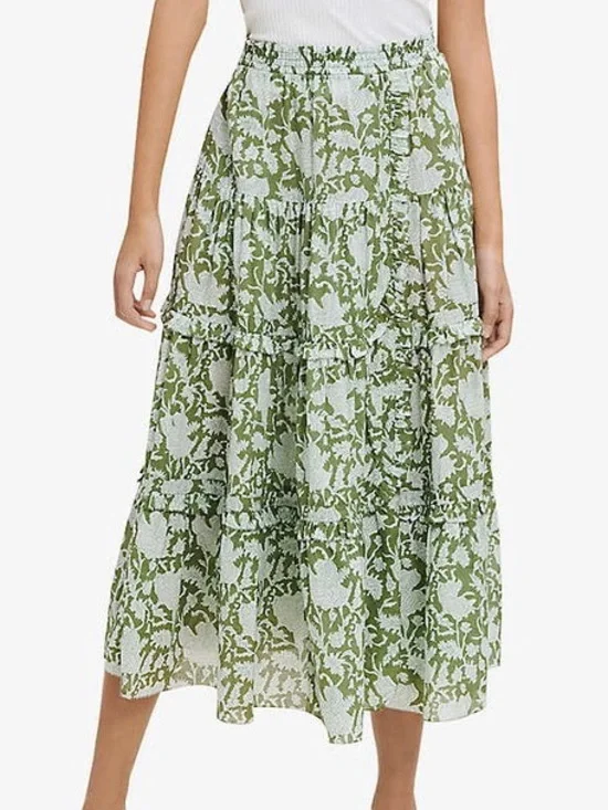 MAJE Size 42/Large Jitale Green Floral Block Print Ruffled Cotton Midi Skirt