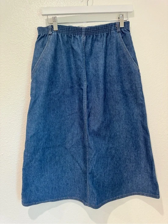 Vintage Medium Wash Denim Elastic High Waist A Line Midi Skirt Pockets Grunge M