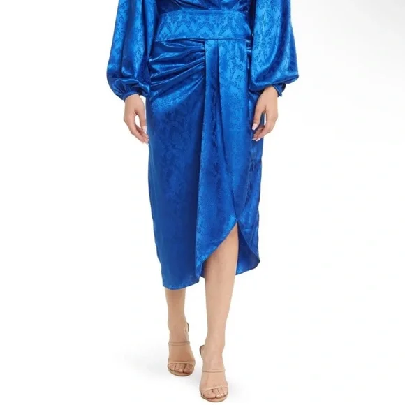 RONNY KOBO Miranda Royal Blue Draped Damask Print Jacquard Skirt