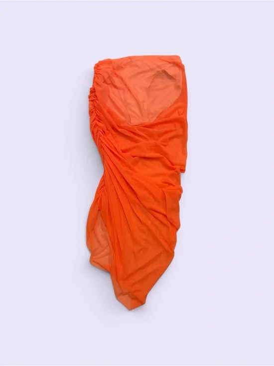 Norma Kamali Diana Long Skirt NWT Neon Orange Ruched Mesh Sheer XL