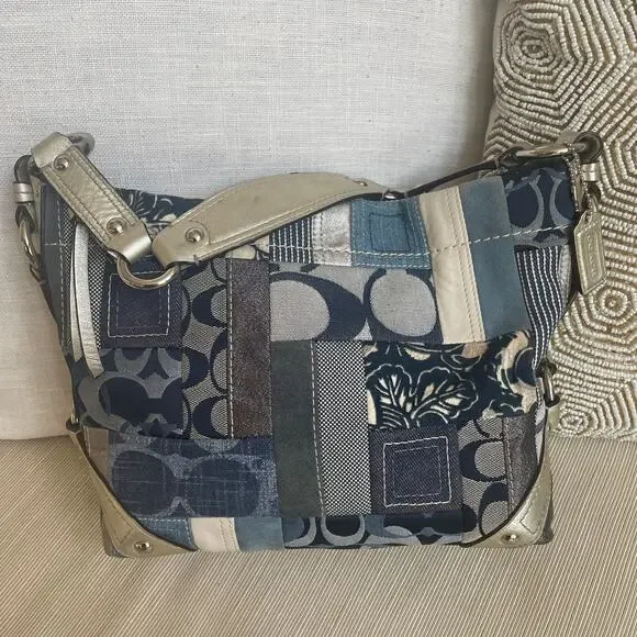 Rare Coach Signature Denim Patchwork Hobo F13721 Blue Multi Y2K Shoulder Bag