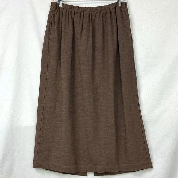 CP SHADES Vintage Brown Linen Cotton Midi Skirt Elastic Waist L Lagenlook Boho
