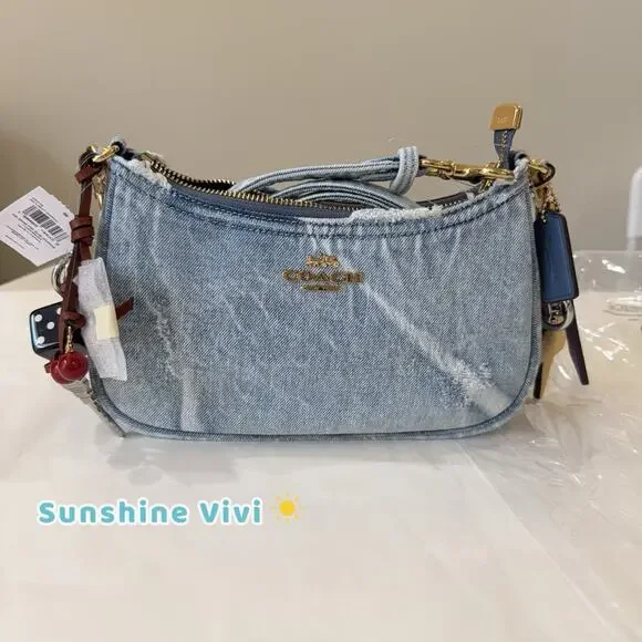 NWT COACH CDY76 Teri Shoulder Bag In Loved Denim With Charms /Light Indigo