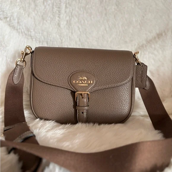 Coach Taupe Pebbled Leather Flap Crossbody with Gold Hardware