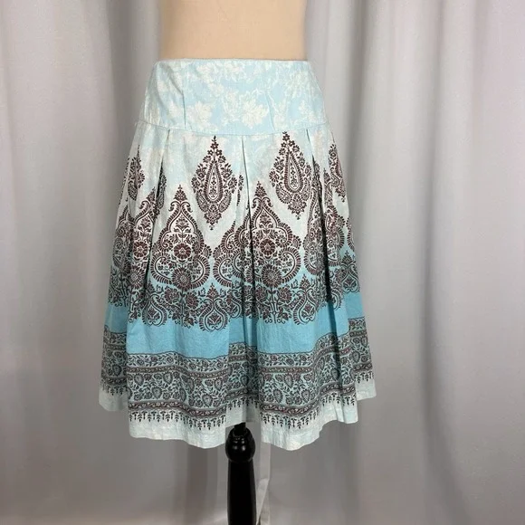 EUC Sandra Darren 100% Cotton Paisley Pleated Skirt 8 Blue Brown Lined 30