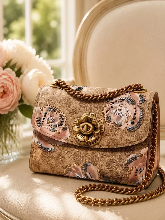 COACH Parker 18 Embellished Signature Rose Print | Tea Rose Turnlock