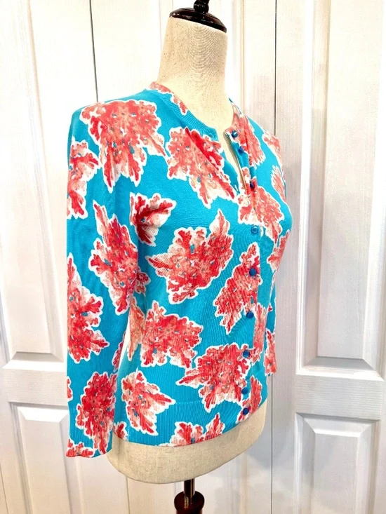 Crown & Ivy Coastal Coral Sweater Size XS/S, Button Up 3/4 Sleeves 100% Cotton