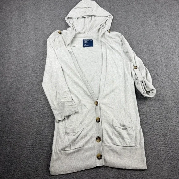 American Eagle Outfitters Gray Hooded Cardigan Sweater Women's M‎ Medium Button