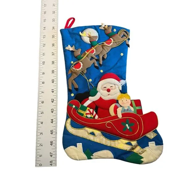 Completed VTG Bucilla Stocking completed Santa Flying Sleigh Reindeer Doll 3D‎