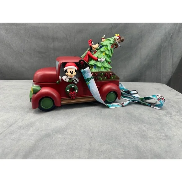 Disney Parks 2025 Christmas Mickey Minnie Goofy Red Truck Popcorn Bucket Lanyard